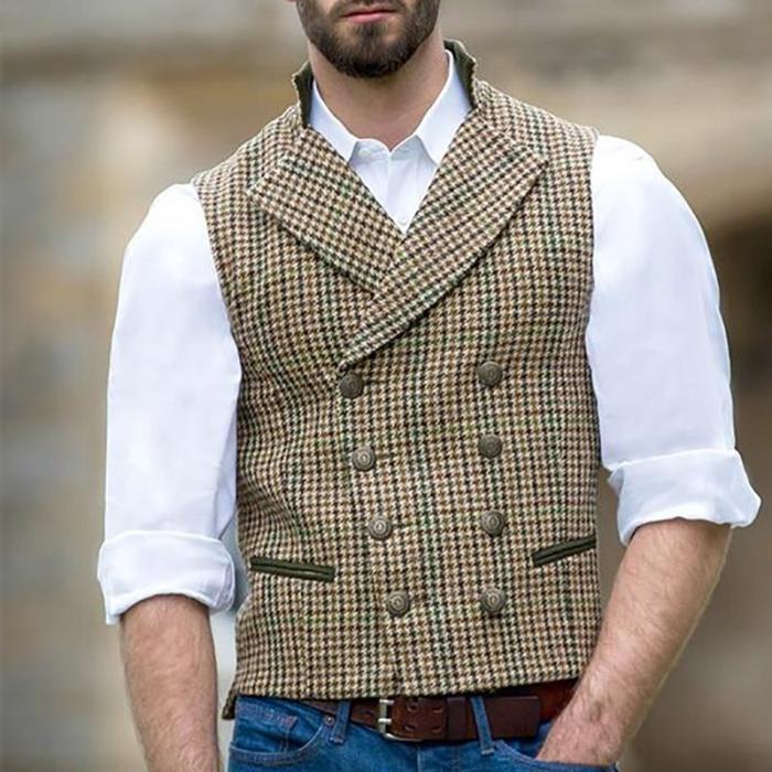 Flashmay Vintage Plaid A Lapel Men  Vest