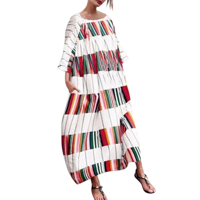 Long Dress Vintage Casual Loose Bohemian Spring Autumn Printed Patchwork Beach Pockets Maxi Dresses