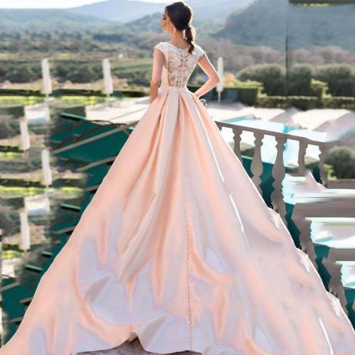 Eightree Satin Wedding Dresses Cap Sleeve Vestido de noiva Chapel Train Appliques Bridal Gown Illusion Backless Bride Dress