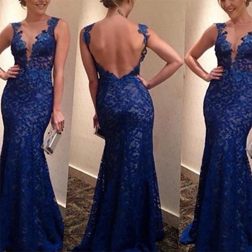 Sexy Lace Hollow V Collar Backless Evening Dress