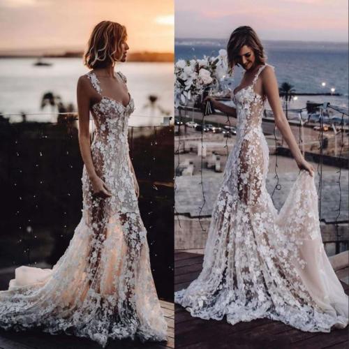 2020 Chic Bohemia Mermaid Wedding Dress Sexy See Through Lace Wedding Gowns Romantic Vestido De Noiva