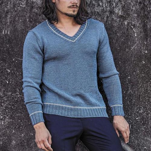 Blue V-neck men's slim knit sweater