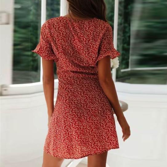 Fashion Print V-Neck   Single-Breasted Short-Sleeved Dress