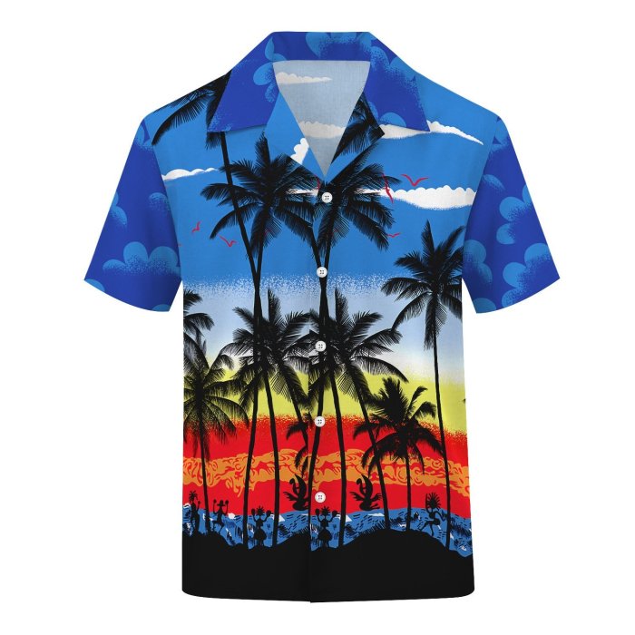 3D Tree Printed Fashion Men Casual Loose Button Down Short Sleeve Beach Hawaiian Shirt