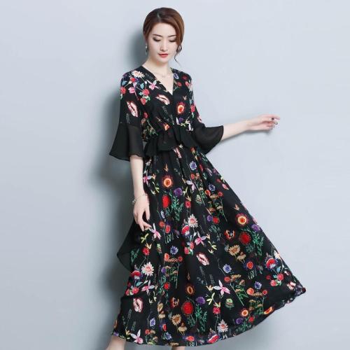 spring and summer new silk chiffon print ladies dress fashion slim loose seven-point sleeve dress high quality elegance vestidos