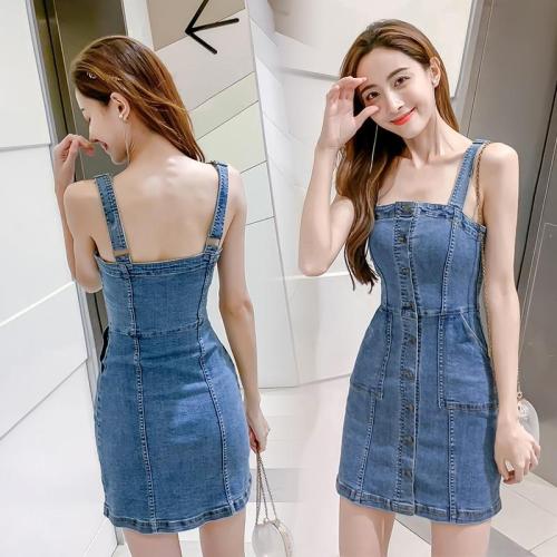 Denim Dress Summer Spaghetti Strap Sundress Vintage Casual Solid Retro Chic Sexy Jeans Button Front Blue Party Dress Women 2020