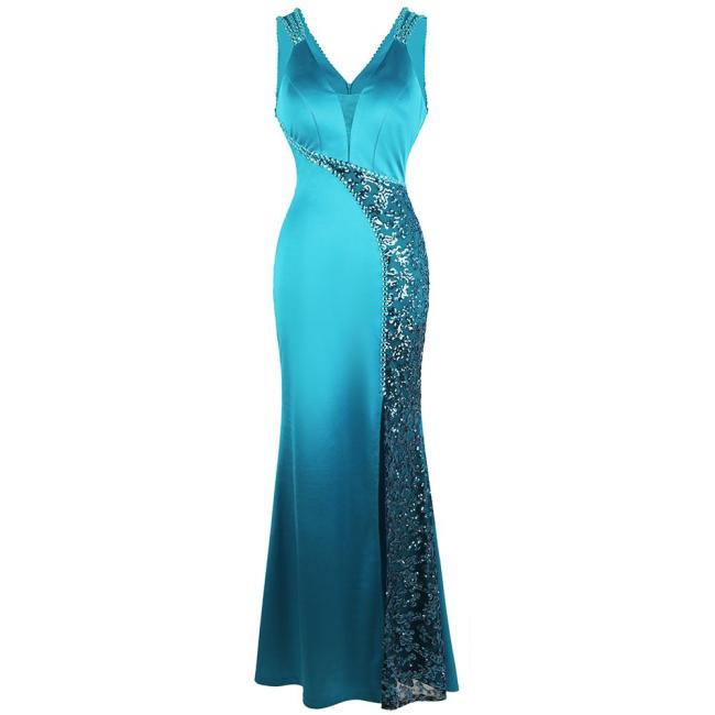 Angel-fashions Women's V Neck Beading Sequin Splicing Evening Dresses Long Formal Party Gwon  Ice-Snow Blue 463
