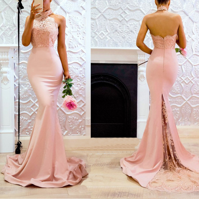 Pink Halter Neck Wedding Bodycon Maxi Dress