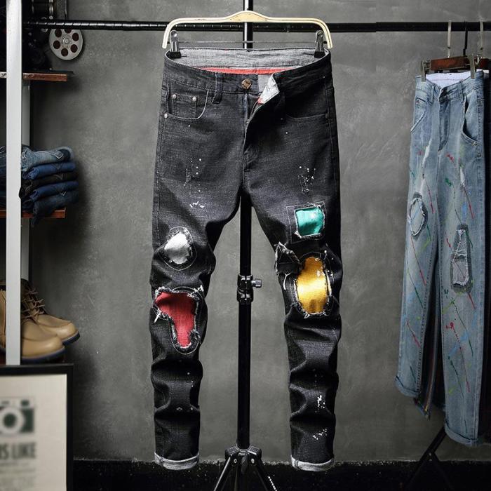 Men's Color Patch Black Jeans