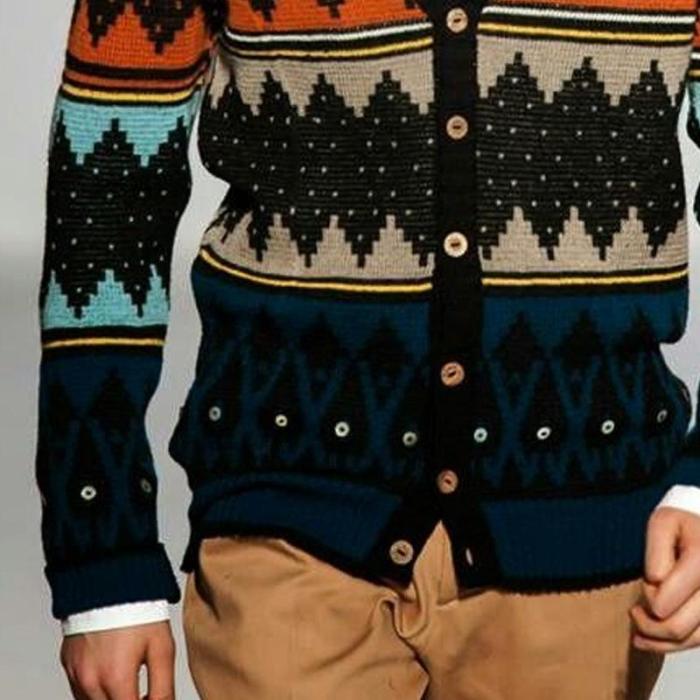 Men's V-Collar Long Sleeved Jacquard Weave Knitted Sweater