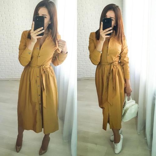 Hot Women Casual Sashes Button A-line Dress Office Lady Stand Collar Long Sleeve Solid Dress Autumn Elegant Party Dress YL24