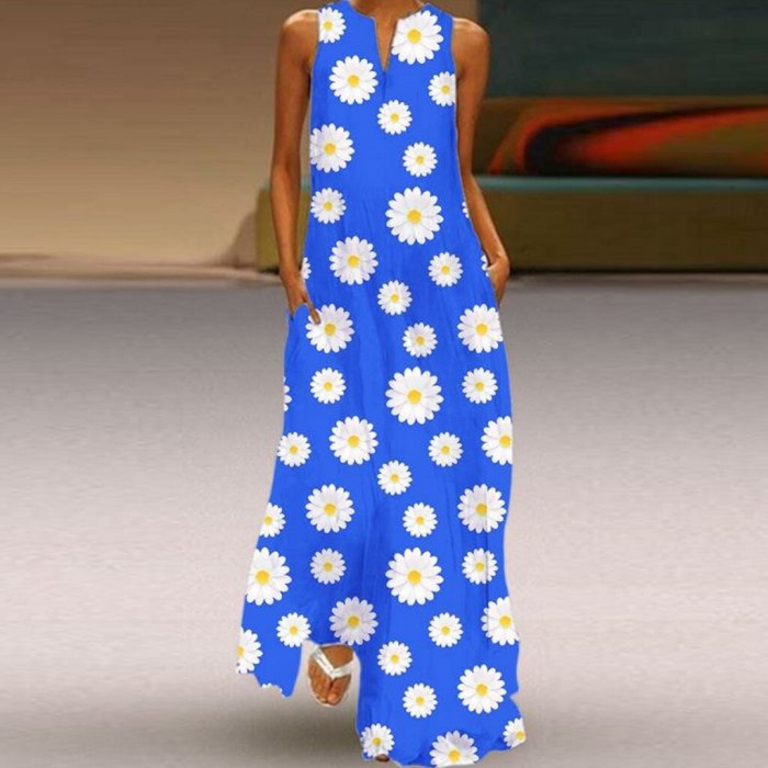V-neck Sleeveless Sexy Print Drsses Plus Size Loose Casual Long Flowers Dresses Summer Maxi Dresses