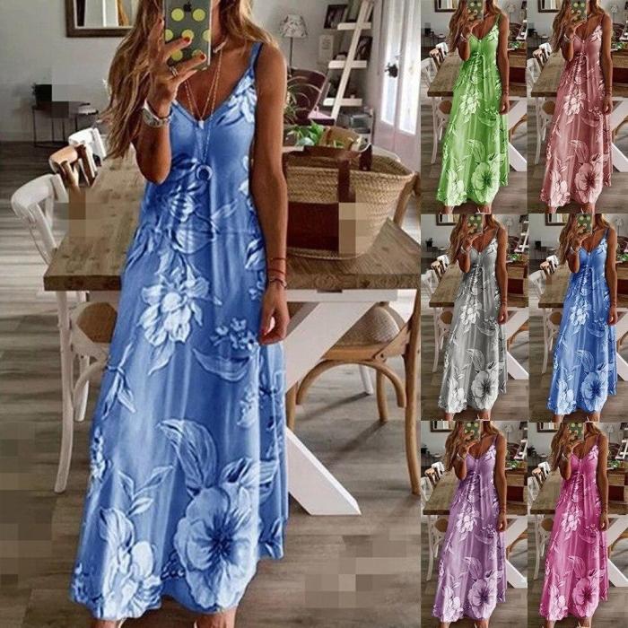 2020 New European Long Dress V-neck Sexy Gradient Floral Dot Print Casual Dresses
