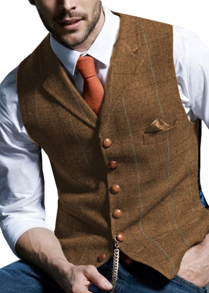 Mens Suit Vest Notched Plaid Wool Herringbone Tweed Waistcoat Casual Formal Business Groomman For Wedding Green/Black/Green/Gray