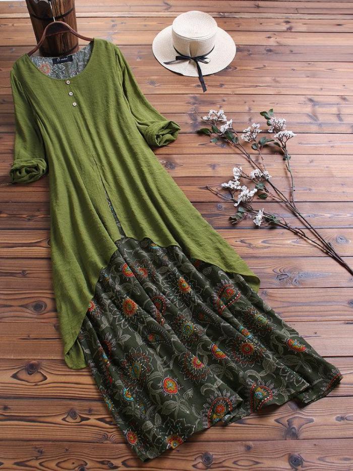 Vintage Print Patchwork Pokcet Long Sleeve Plus Size Maxi Dress