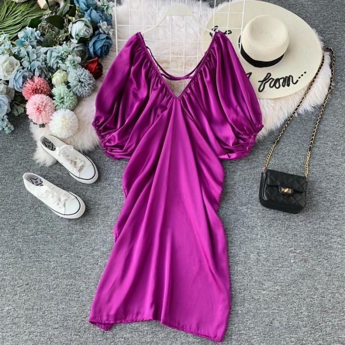 JOYMANMALL Retro Solid Plated Fashion Vestidos Elegant Korean Puff Sleeve Women Dress 2020 Summer V-neck Midi Dresses 12361