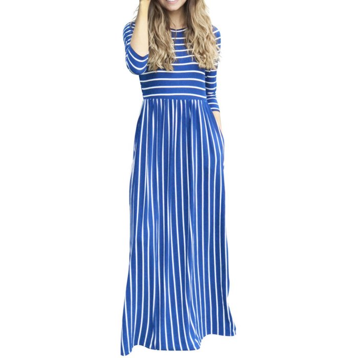 Fashion Women Long Sleeve Striped Printed Casual Pockets Long Maxi Dress