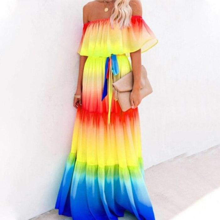 Rainbow Changing Color Off Shoulder Women Maxi Vacation Dresses
