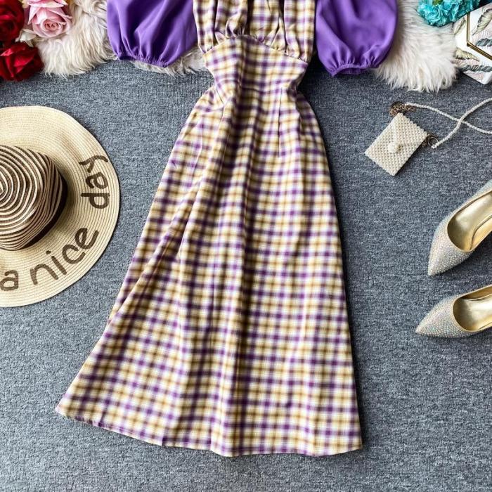 JOYMANMALL Women Summer Sweet Plaid Dress Vintage Square Collar Puff Sleeve Patchwork Dress French Elegant Streetwear Midi Dress