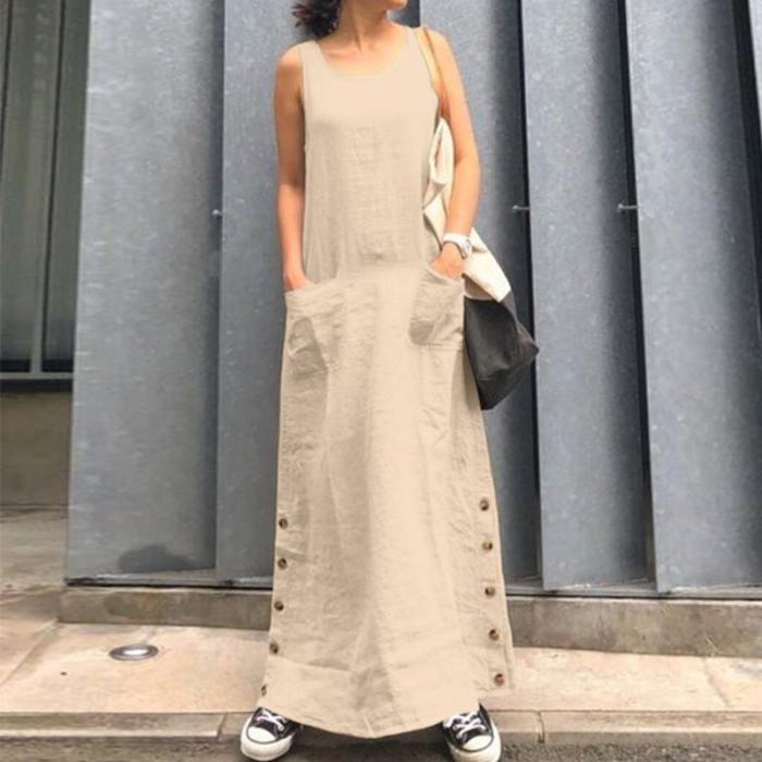 Solid Cotton Linen Pocket Casual Sleeveless Maxi Dress
