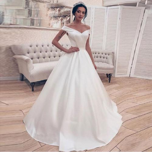 Simple Elegant White Ivory Satin Wedding Dress Princess Ball Gown Corset Off Shoulder Bridal Gown Long vestidos de novia 2019