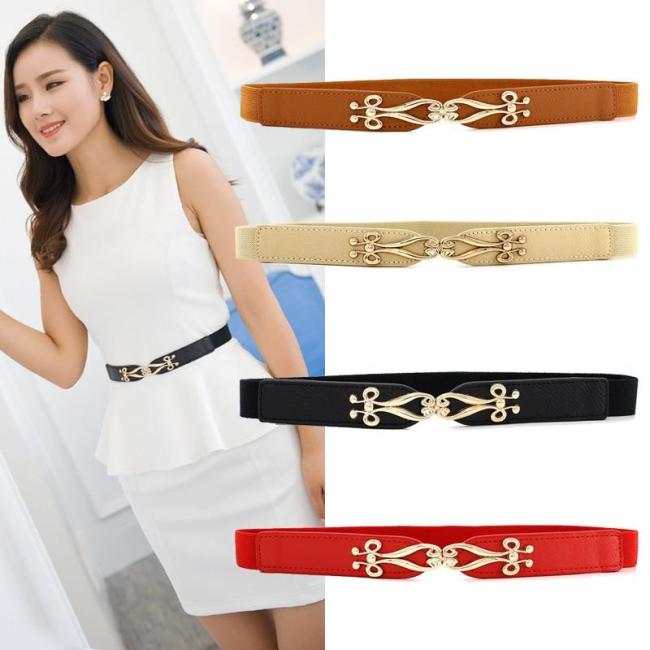 2020 Gold Buckle Thin Belts Woman Leather Belt Dress Decorate Belts Female Belts Waistband Fitting with Elastic Waist Band Hot