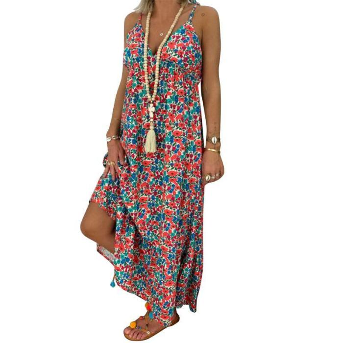 Plus Size Womens Boho Floral Maxi Dress Party Strappy Summer Beach Holiday Spaghetti Strap Sundress  S-5XL