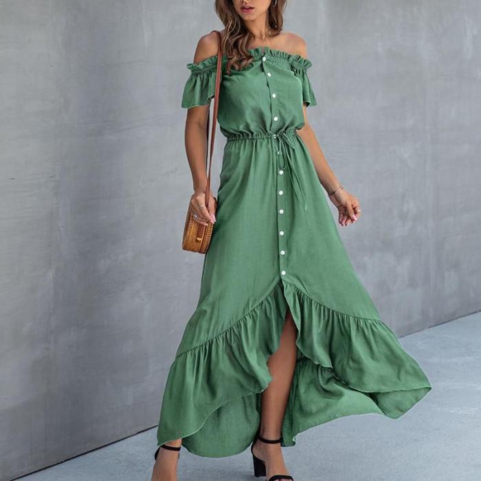 SWQZVT New Summer Dress Short Sleeve Beach Dress Fashion Solid Women Long Dress Casual Female Party Vestidos Green
