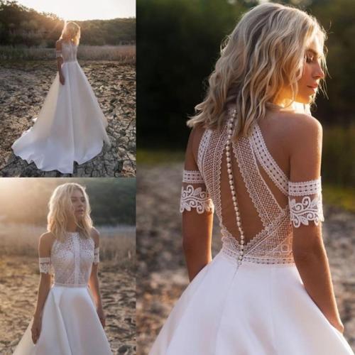 Bohemian Wedding Dresses 2019  Lace Satin Bridal Gowns Button Back A-Line Wedding Dress Robe De Mariee