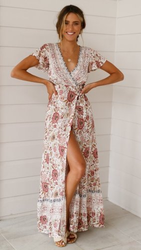New Popular 2019 Summer Women V-neck Short Sleeve Boho Bohemian Floral Print High Split Beach Long Dress Wrap Maxi Dresses