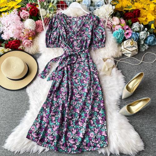 JOYMANMALL Women Summer Floral Midi Dress Sweet Puff Sleeve V Neck Lace up A-line Dress French Bohemian Print Beach Sundress