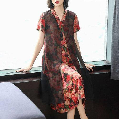 Silk dress female 2019 autumn new loose fake two-piece printed short-sleeved dress large size L-4XL high quality vestidos