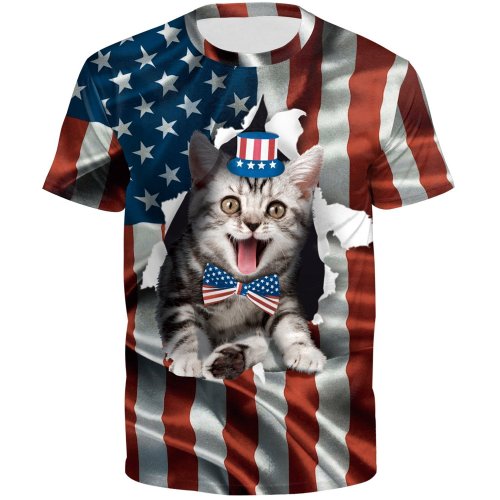 3D Flag Cat Printed Short Sleeve T-shirt