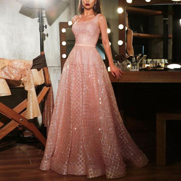 Elegant Checked Print Gilt Evening Dress