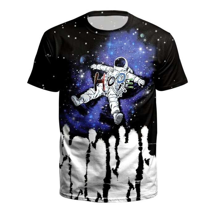 Astronaut Print Round Neck Pullover Short Sleeve T-shirt