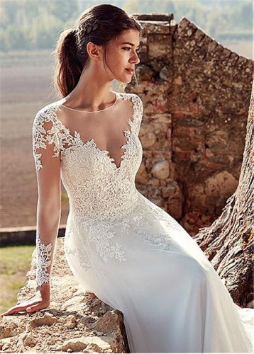 Tulle Jewel Neckline A-line Wedding Dresses With Illusion Back Lace Appliques Long Sleeves Bridal Dress vestido de noche