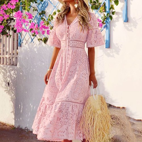 Women's V-Neck Short-Sleeved Openwork Single-Breasted Ruffle Lace  Maxi  Dress