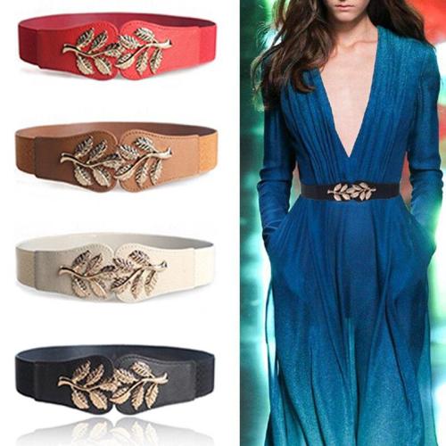 Fashion Leaf waistbands Stretchy Elastic Belt Double Metal Buckle Waistband Red Black White Brown Belt for Women Girls
