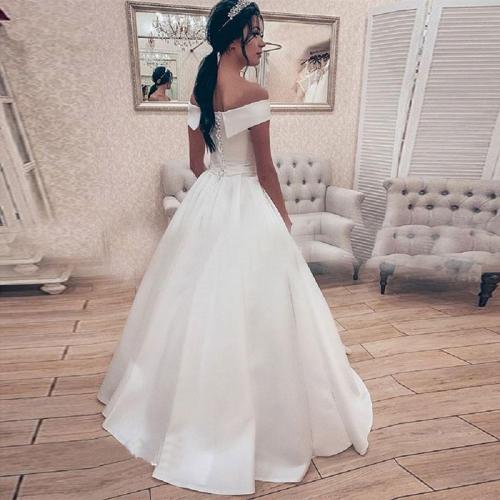 Simple Elegant White Ivory Satin Wedding Dress Princess Ball Gown Corset Off Shoulder Bridal Gown Long vestidos de novia 2019