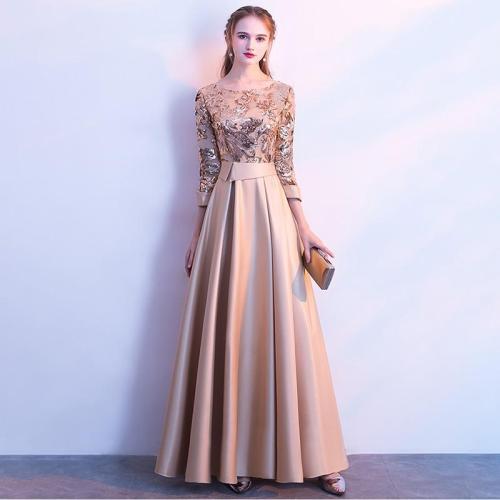 Evening Dress with Sequins Long Dress A-Line Bateau Floor Length Long Sleeves Satin Elegant Evening Dress with  Sequins