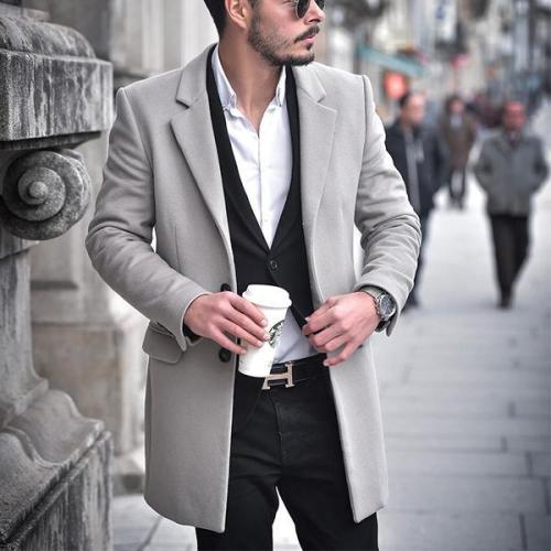 Men's Long Buttoned Wool Coat