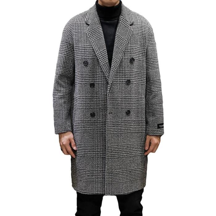 YASUGUOJI Casual Double Breasted Mens Wool Overcoat Winter 2019 Houndstooth Jacket Men Turn-down Collar Long Woollen Wind Coat