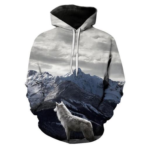 Fashion Loose Wolf Printed Hoodie With Hat