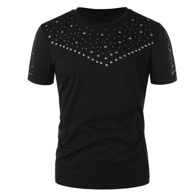 Round Neck Short Sleeve Solid Color Studded T-shirt