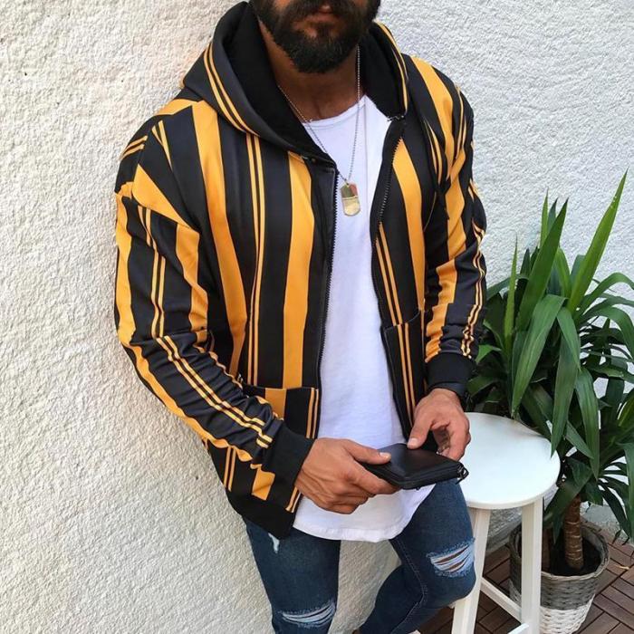 Fashion Stripe Zipper Hooded Jacket