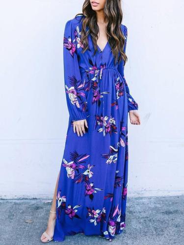V-neck Long-Sleeve Floral-Print Maxi Bohemia Dress
