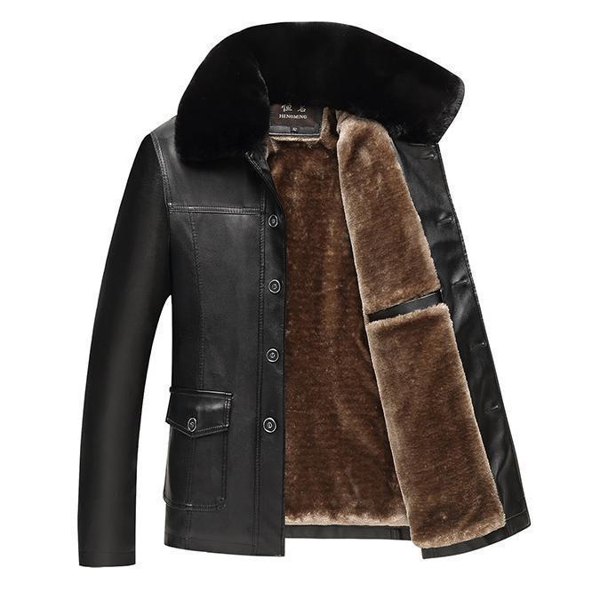 Fashion gentleman winter fur collar plus velvet super warm leather jacket