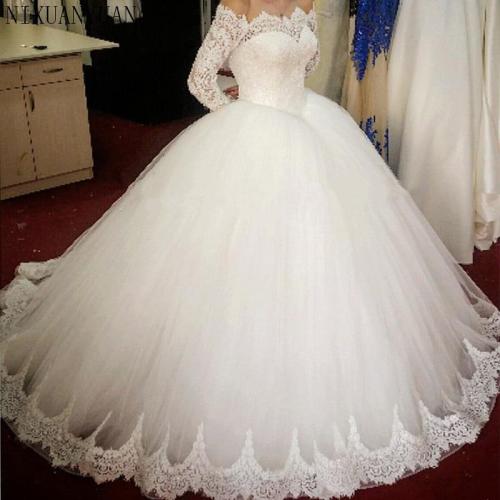 Ball Gown long Sleeve Cheap Wedding Dresses Boat Neck Lace Appliques Lace Bridal Gowns Crystal Sashes Vestido De Novias