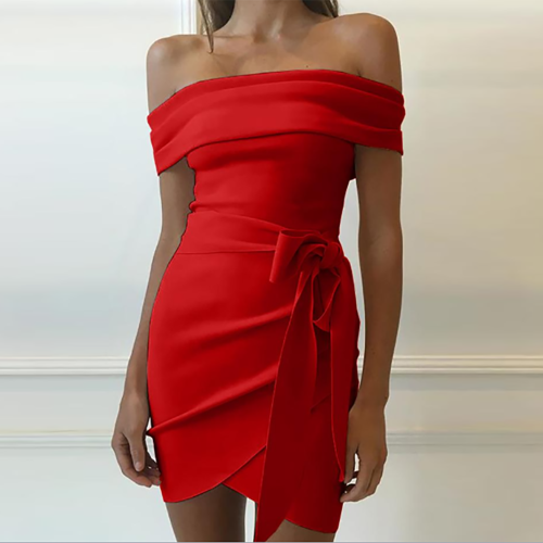 Irregular Pure Colour Belted Off-Shoulder Dresses
