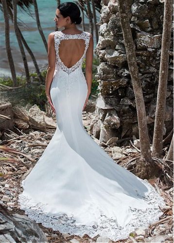 LORIE Sexy Mermaid Wedding Dress Sleeveless Lace Appliqued Illusion Back Boho Wedding Gown Long Train Bride Dress